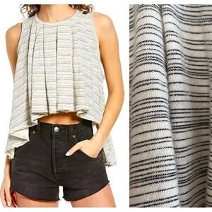 Free People White Blue Stripe Turn It Up High-Low Drapey Tank Top Large